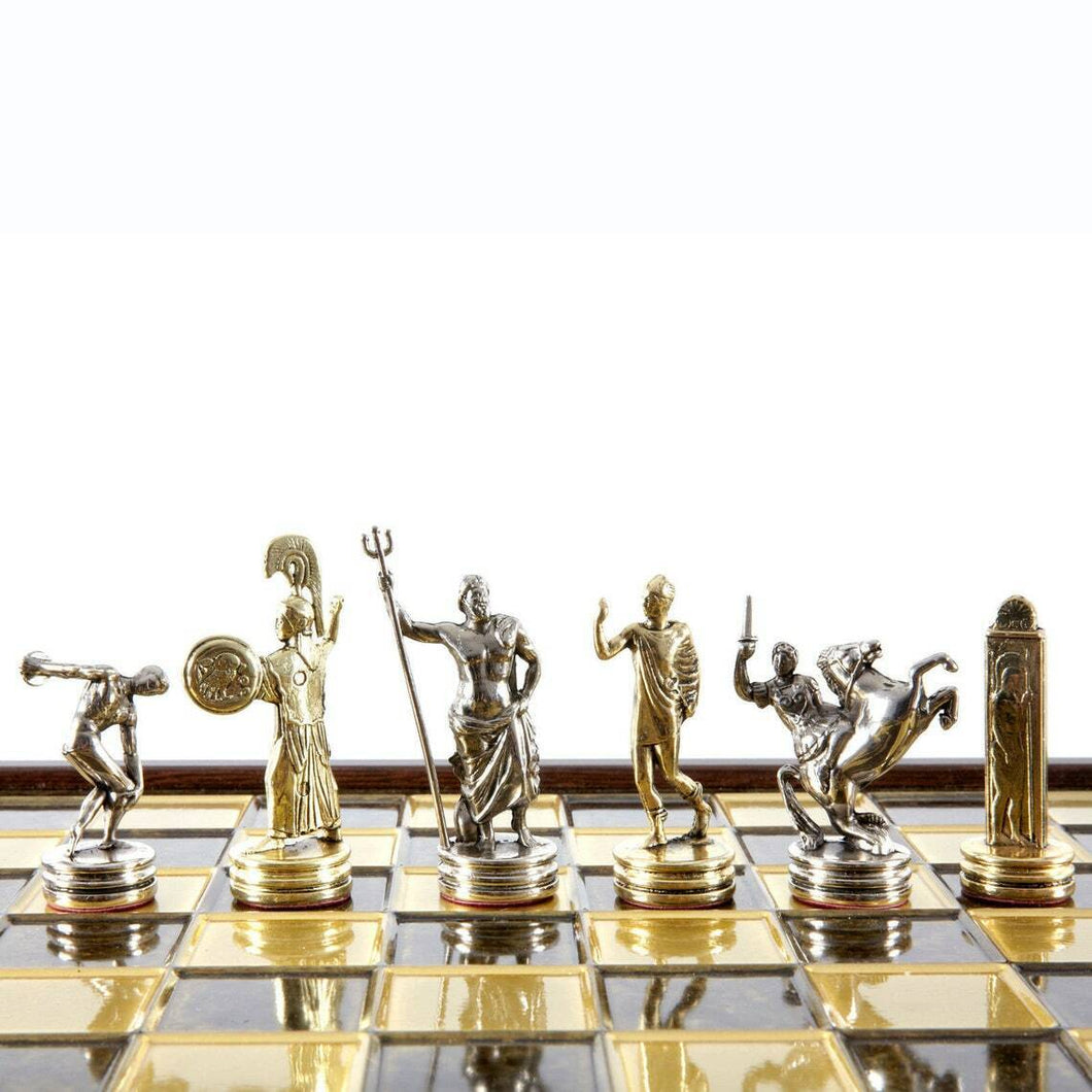 Discus Thrower Chess Set - Brass Nickel Pawns - Brown Wooden case Board