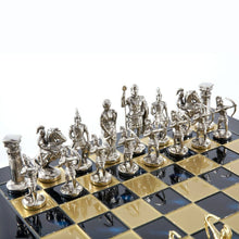 Load image into Gallery viewer, Archers Large Chess Set - Brass Nickel Pawns - Blue chess Board
