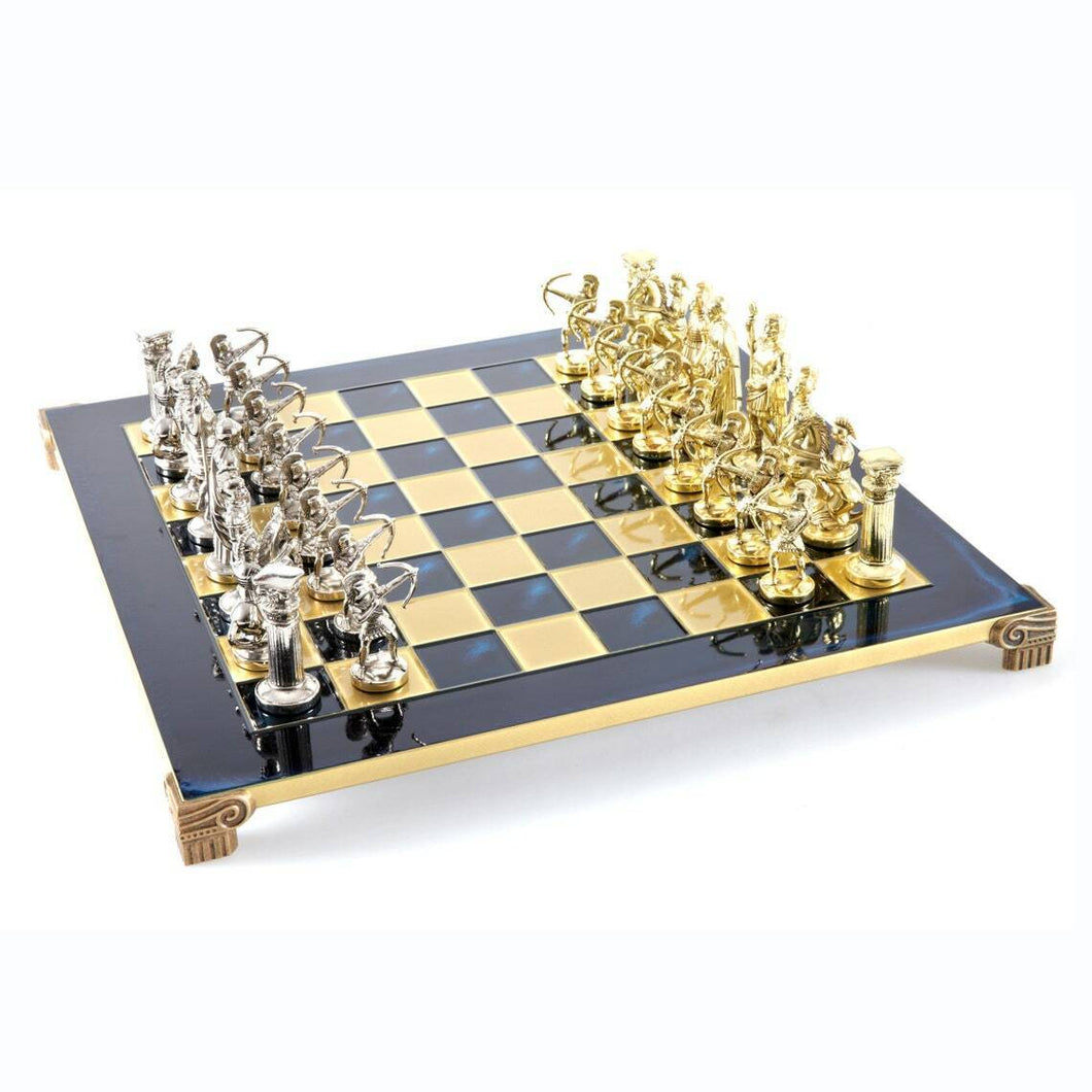 Archers Large Chess Set - Brass Nickel Pawns - Blue chess Board