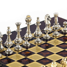 Load image into Gallery viewer, Classic Metal Staunton small Chess Set - Brass Nickel Pawns - Red chess Board
