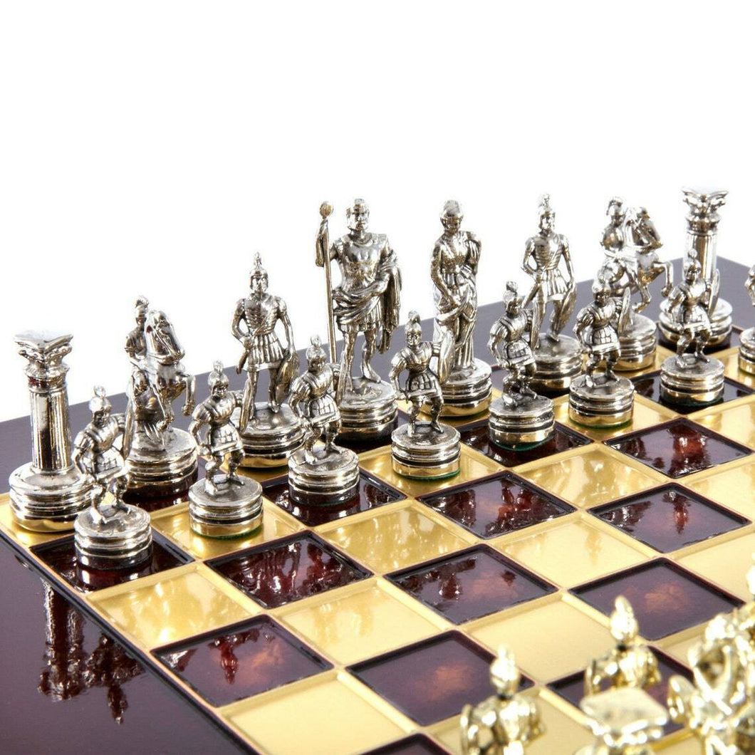 Greek Roman Army Chess Set - Brass Nickel Pawns - Red chess Board