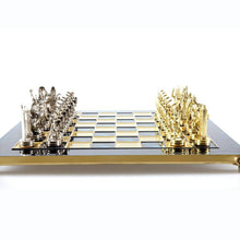 Load image into Gallery viewer, Greek Mythology Chess Set - Brass Nickel Pawns - Blue chess Board
