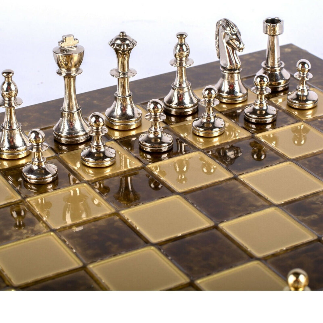 Classic Metal Staunton Chess Set - Brass Nickel Pawns - Brown chess Board