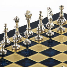 Load image into Gallery viewer, Classic Metal Staunton Chess Set - Brass Nickel Pawns - Blue chess Board
