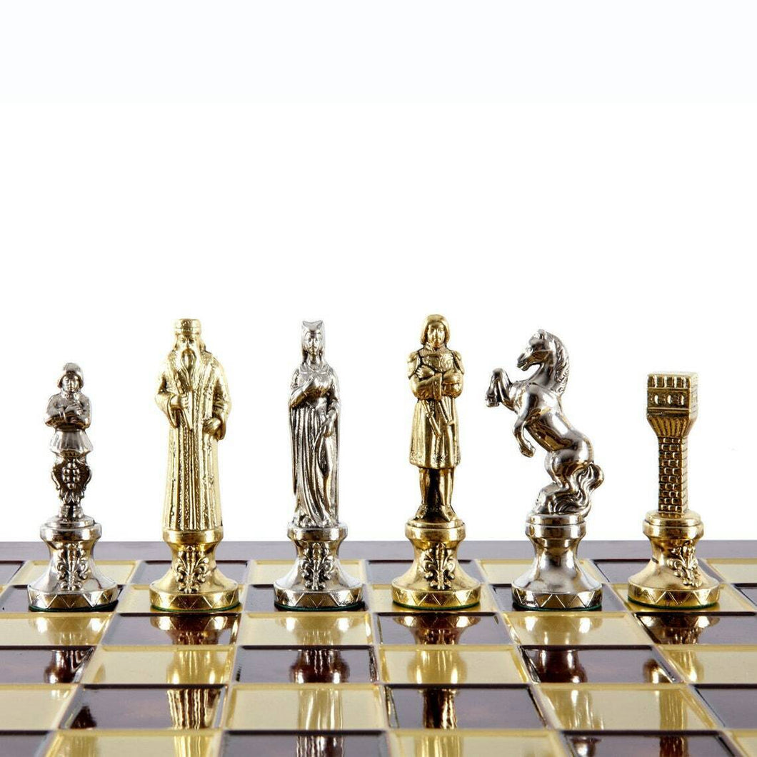 Renaissance Chess Set - Brass Nickel Pawns - Red chess Board