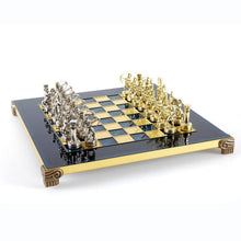 Load image into Gallery viewer, Archers Small Chess Set - Brass Nickel Pawns - Blue chess Board
