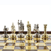 Load image into Gallery viewer, Greek Roman Army small Chess Set - Brass Nickel Pawns - Brown Wooden case Board
