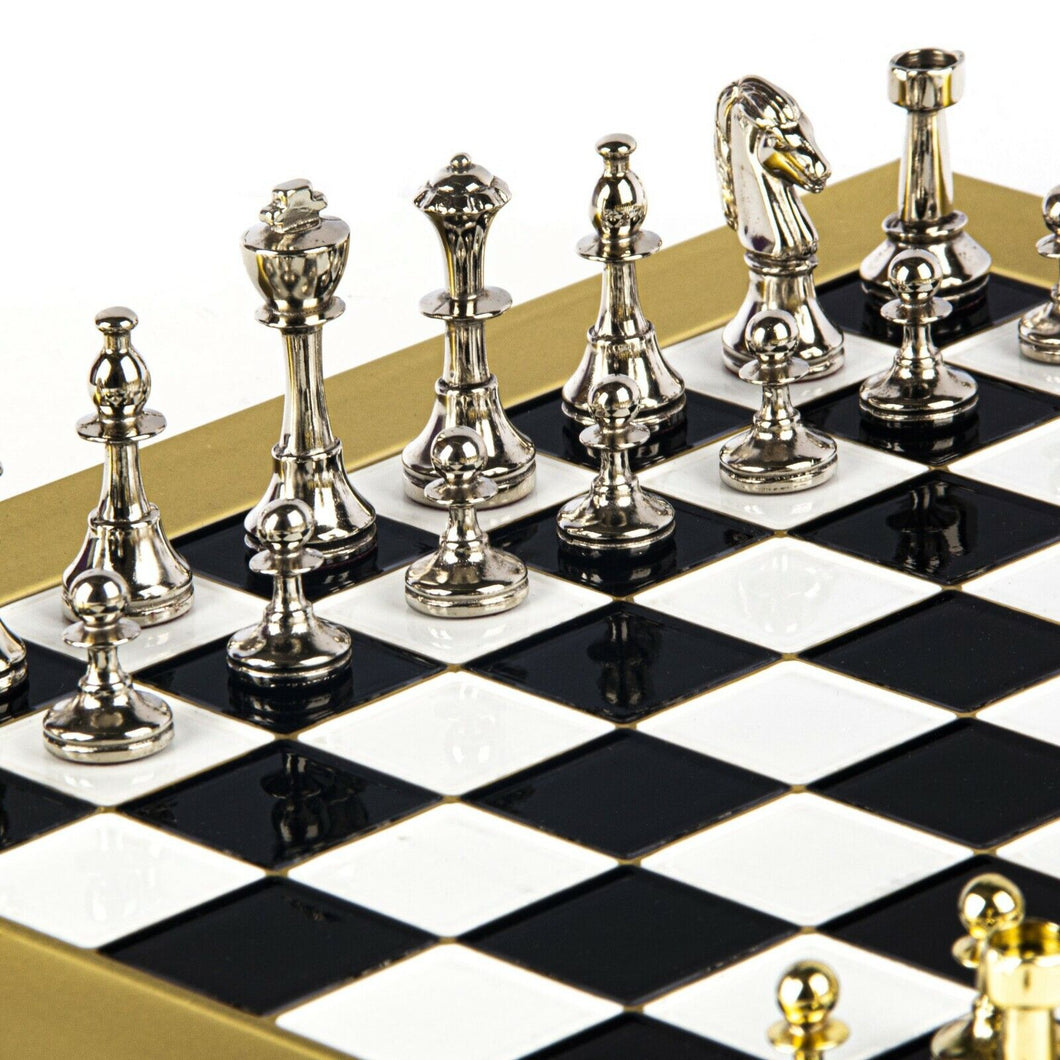 Classic Metal Staunton Chess Set - Brass Nickel Pawns - Gold Black chess Board