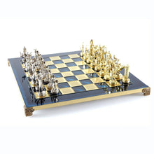 Load image into Gallery viewer, Greek Mythology Chess Set - Brass Nickel Pawns - Blue chess Board
