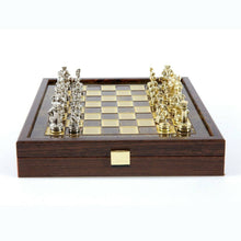 Load image into Gallery viewer, Greek Roman Army small Chess Set - Brass Nickel Pawns - Brown Wooden case Board
