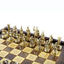 Load image into Gallery viewer, Greek Roman Army small Chess Set - Brass Nickel Pawns - Brown Wooden case Board
