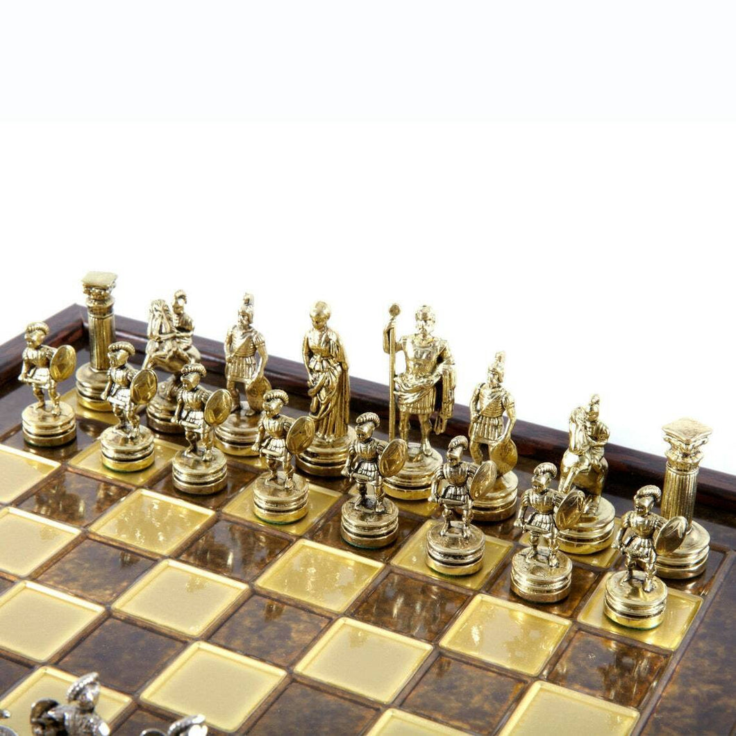 Greek Roman Army small Chess Set - Brass Nickel Pawns - Brown Wooden case Board