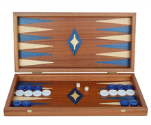 Load image into Gallery viewer, 15&quot; Mahogany Backgammon Set - Blue White Checkers

